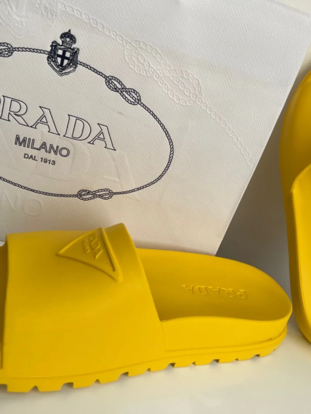 Prada Men's Slide Sandals Yellow Rubber Platform Logo Size 9 US 10 EU 43 Italy